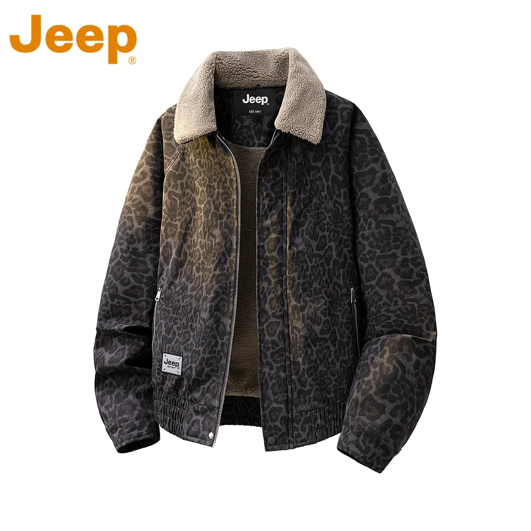 Jeep吉普高级感豹纹棉衣男士冬季爆款加绒保暖翻领时尚棉服外套男