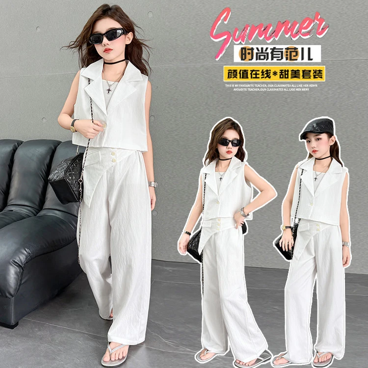 女童西服套装夏季2025新款洋气中大童翻领甜酷上衣潮流两件套潮