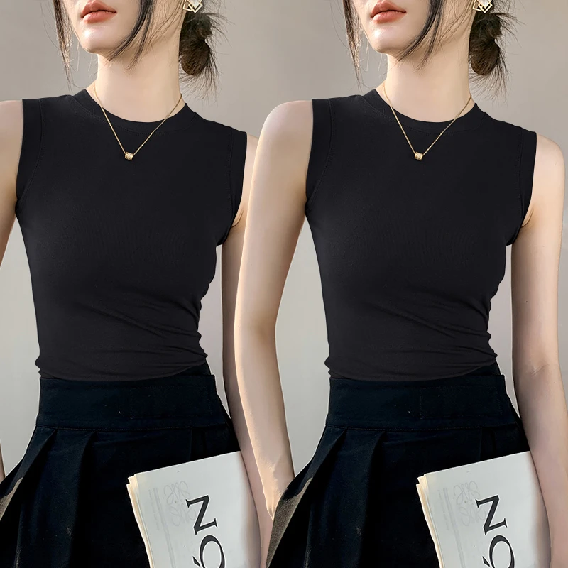 2025春夏季内搭螺纹打底衫女士时尚无袖吊带圆领背心清凉别致上衣
