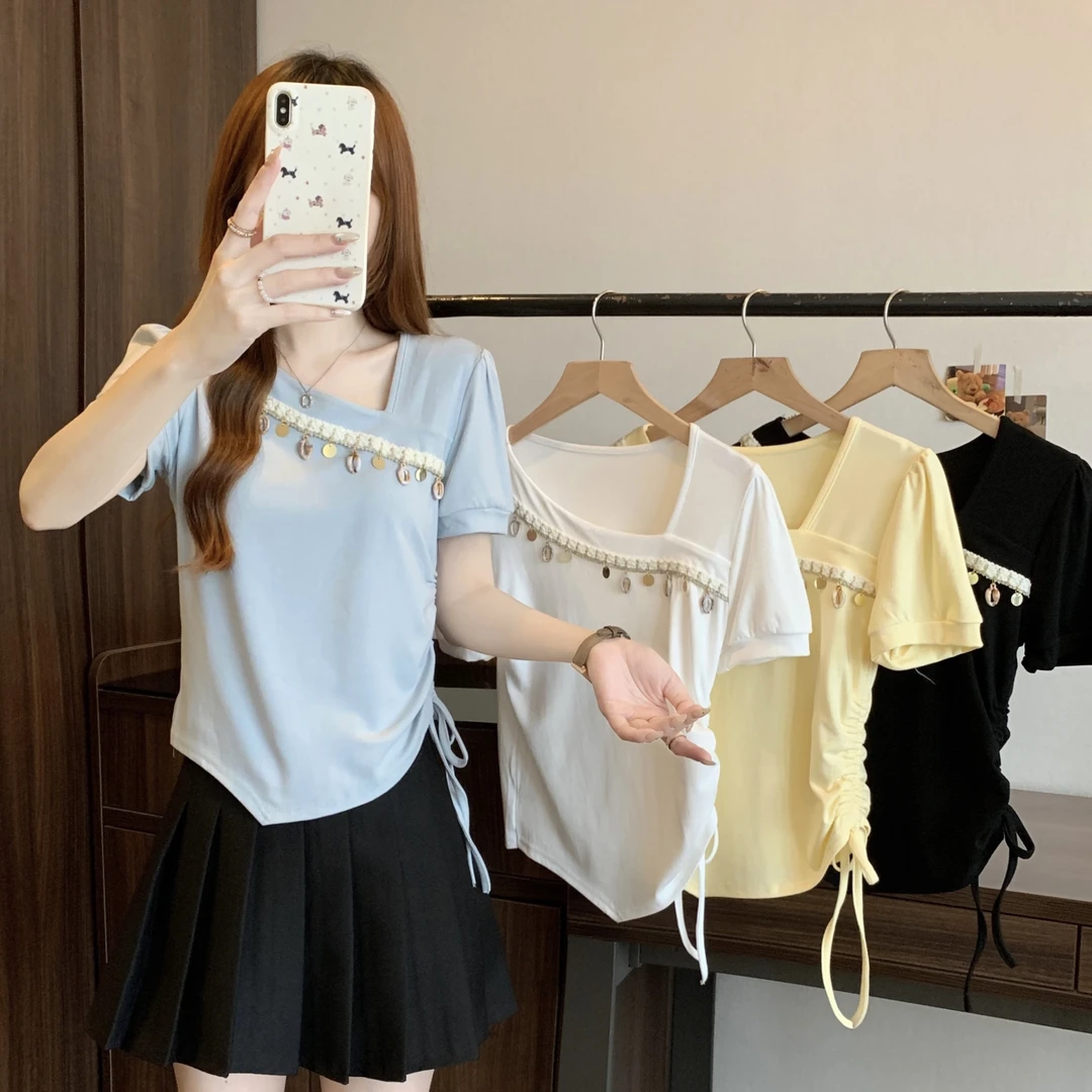 大码女装2025夏季新款韩版时尚百搭收腰抽绳短袖T恤上衣1899