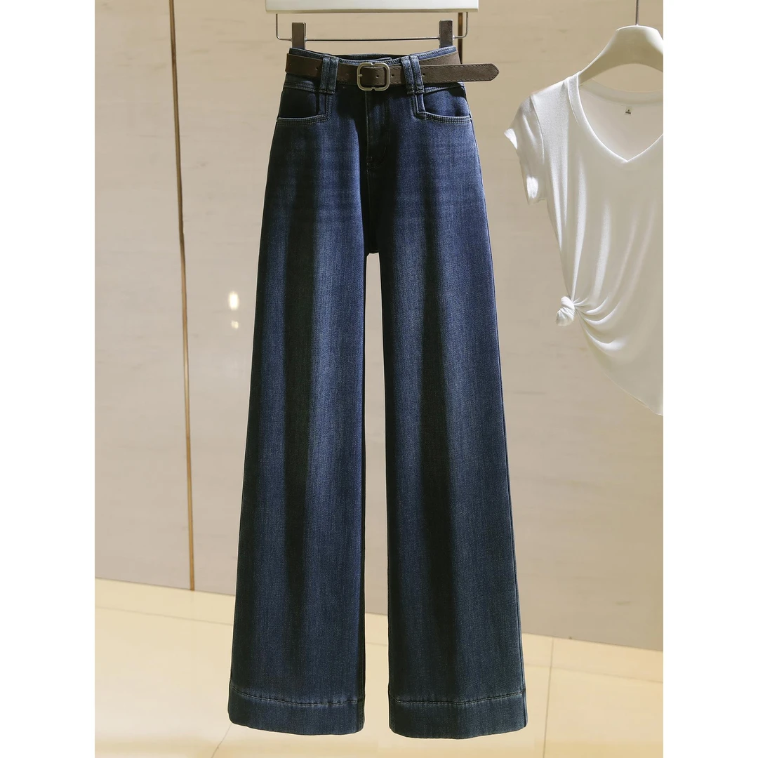 culv蓝色加绒阔腿牛仔裤女高腰2025秋冬新款显瘦小个子直筒九分裤