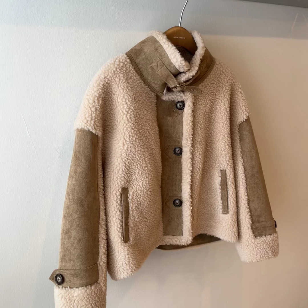 “燕麦暖屿”拼色毛毛外套