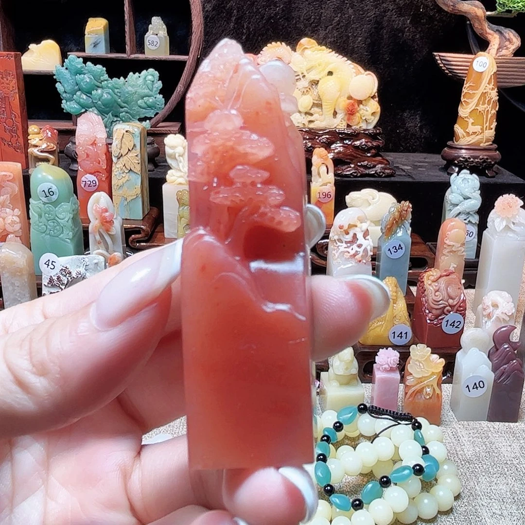寿山石印石桃花料山水