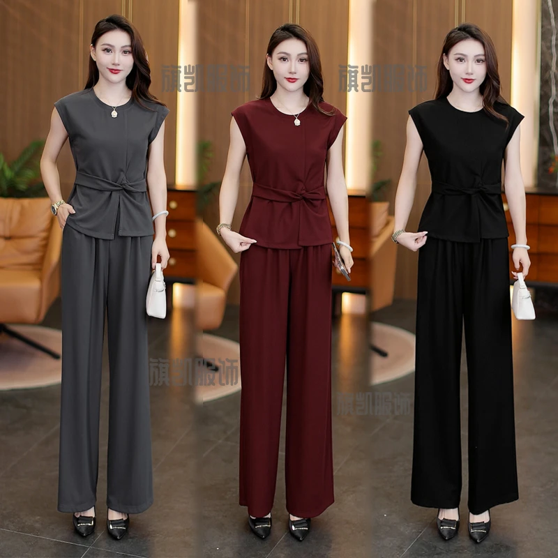 时尚无袖西装套装女2025夏新款气质减龄显瘦百搭上衣直筒裤两件套
