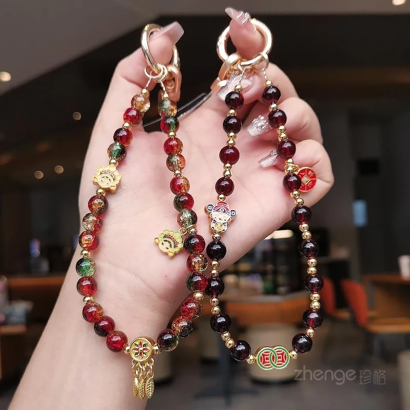 国风招财金珠手链手机挂绳ins女士高档手腕挂饰手机壳挂件串珠链