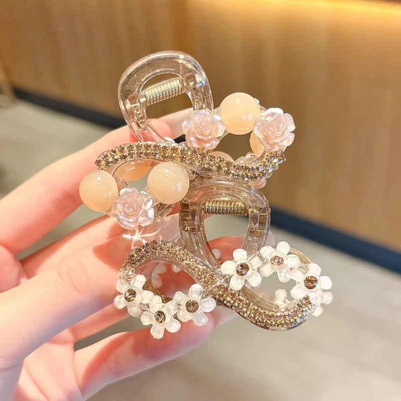 水钻花朵抓夹女发量少半扎发发夹后脑勺中号鲨鱼夹头饰气质发卡子