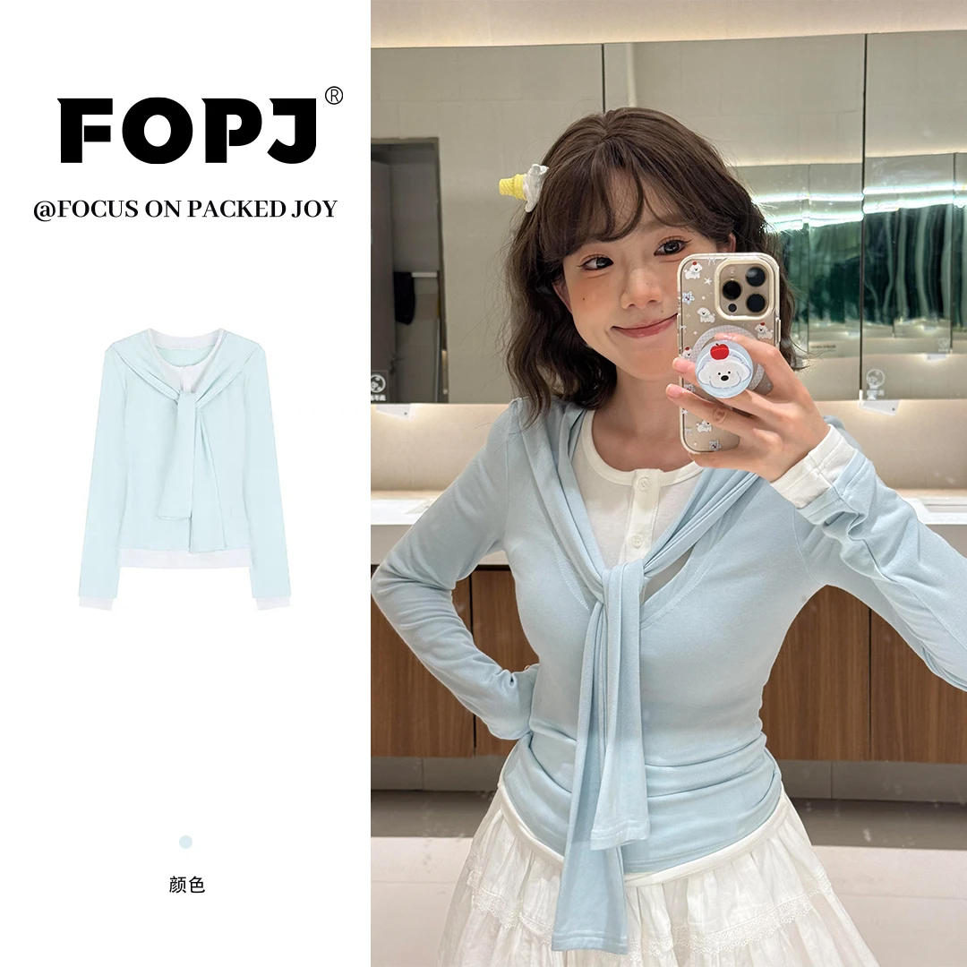 FOPJ早秋新款设计感假两件长袖t恤女生韩系ins纯欲风修身显瘦上衣