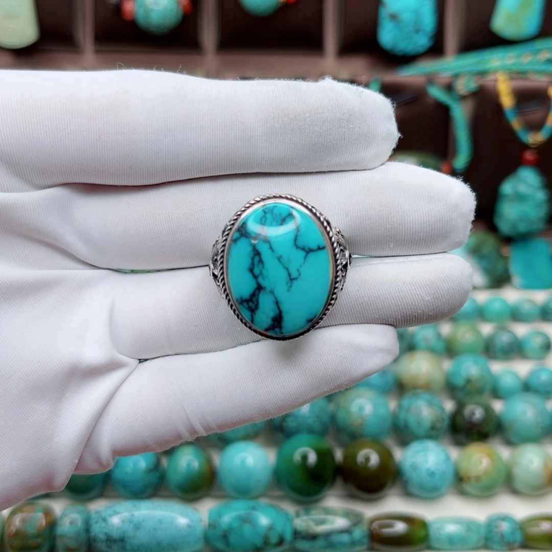 绿松石银S925镶嵌纯天然原矿绿松石