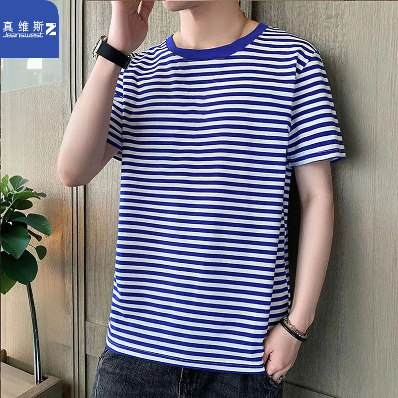 真维斯Z+潮牌夏季宽松潮流条纹圆领休闲百搭韩版大码港风打底半袖