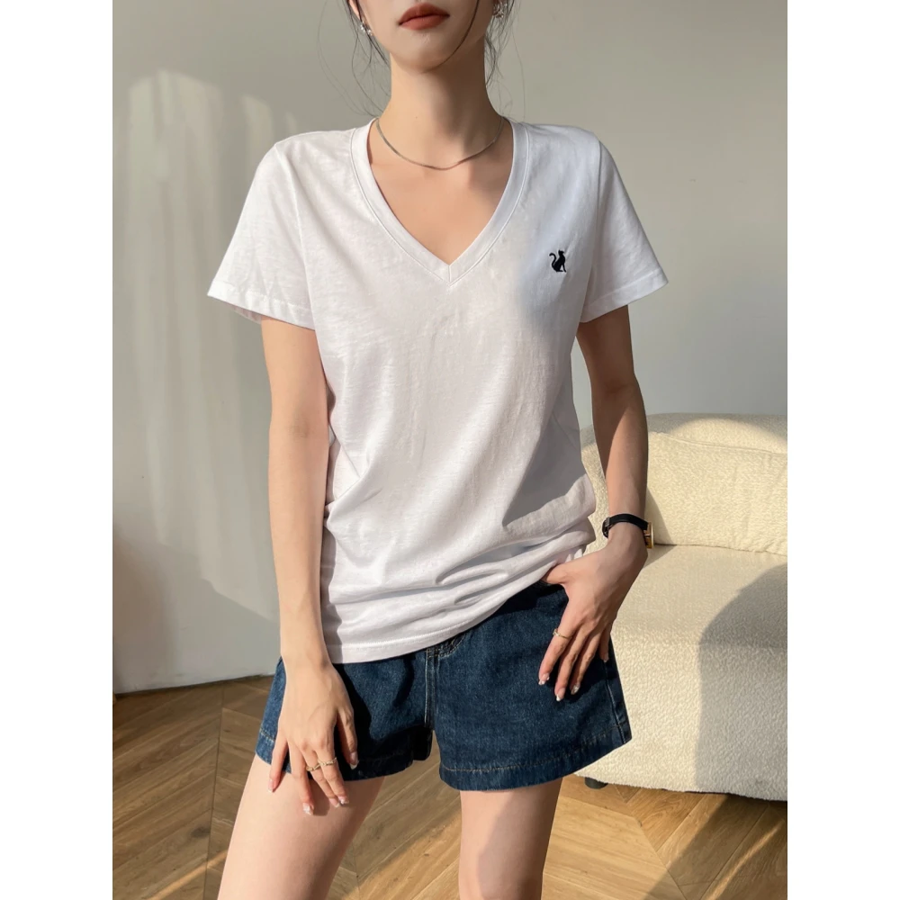 白色v领短袖t恤女2025新款夏季纯棉内搭打底刺绣外穿上衣韩系显瘦