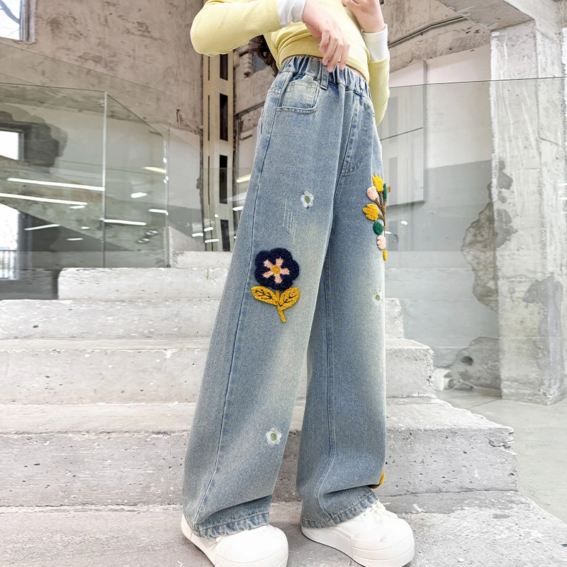 中大女童牛仔阔腿裤春秋洋气裤子2025新款儿童时尚毛巾绣直筒裤潮