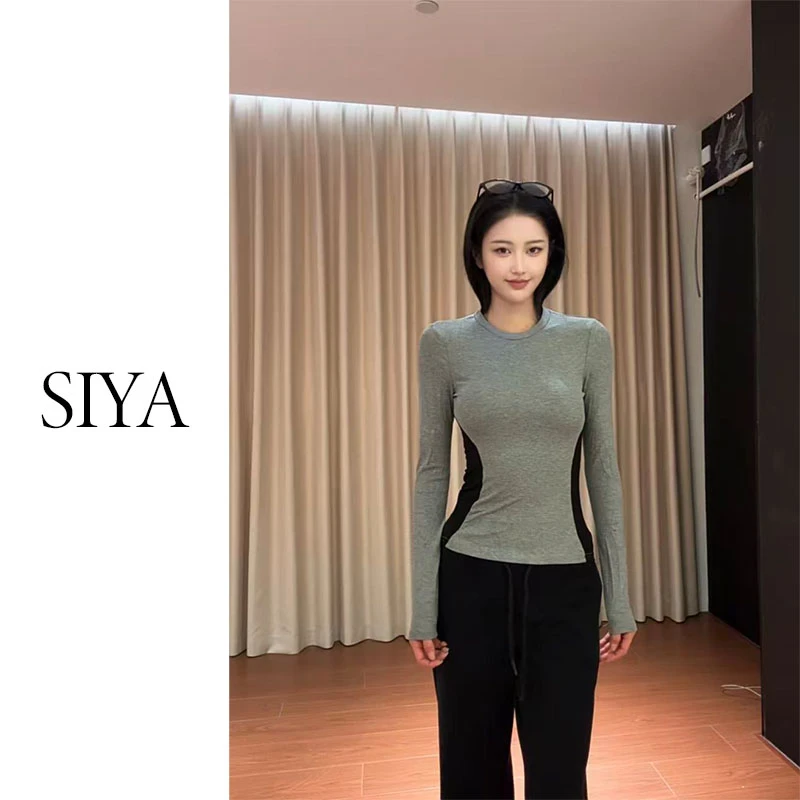 【SIYA】辣妹拼接显瘦长袖秋季修身性感打底衫黑色上衣气质打底衫