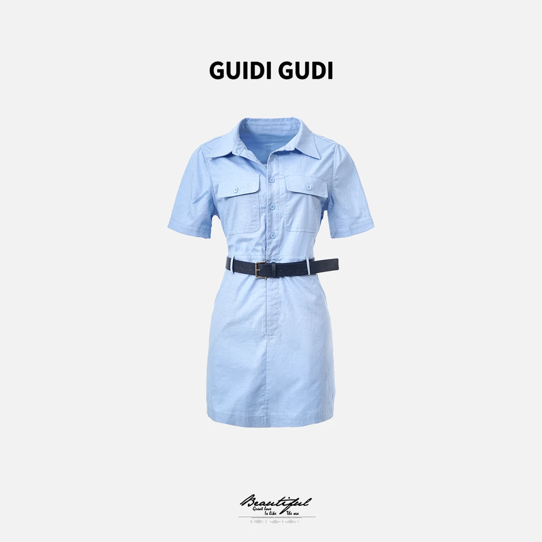 GUIDI GUDI【清冷永存】亚麻气质短袖连衣裙 /黄加蓝