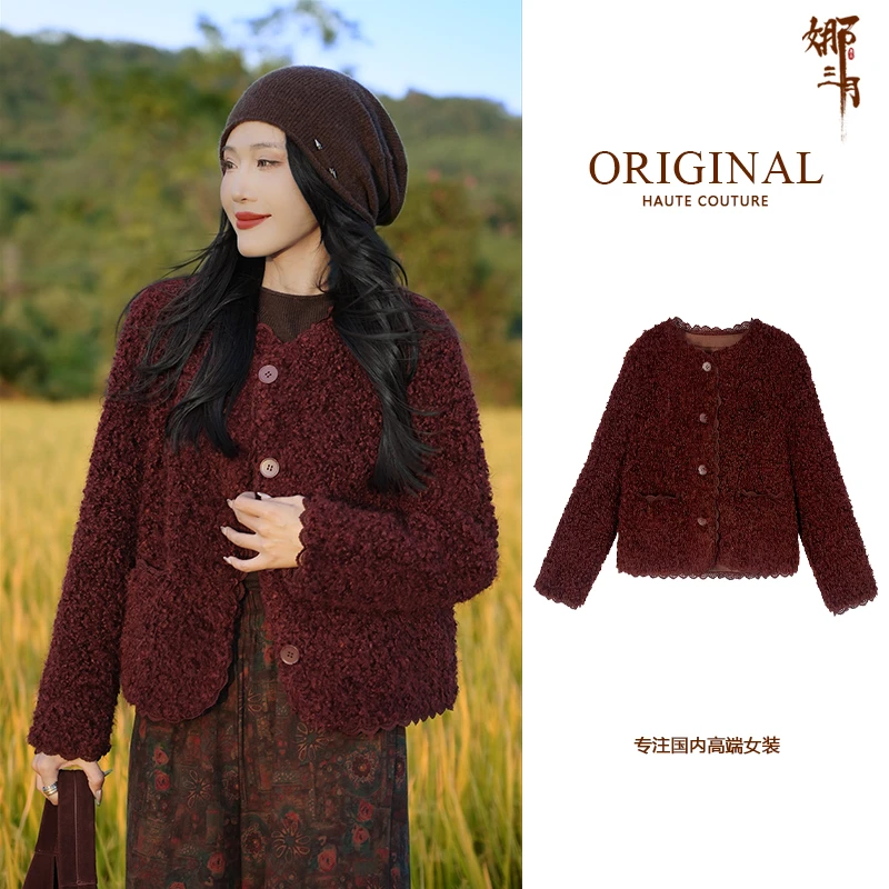 复古红色卡拉卷绒冬装加厚保暖短款外套女秋冬季时尚妈妈洋气衣服