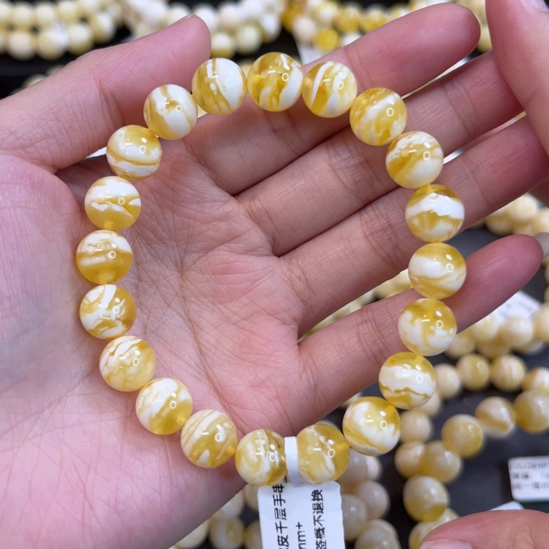 人***泽蜜蜡未镶嵌手链10mm同料金漆瓷白虎皮