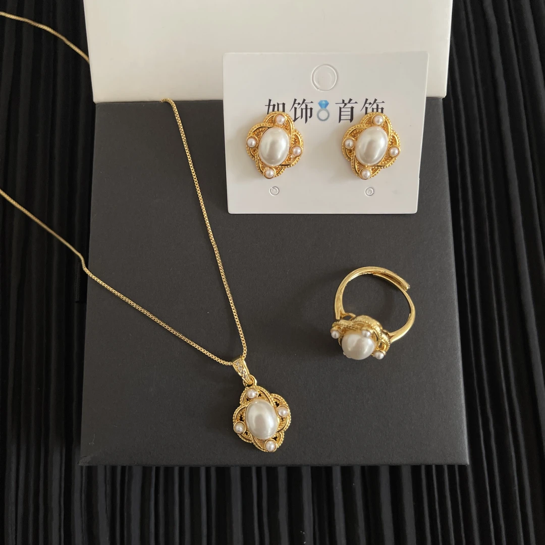 铜项链 如饰 不规则仿珍珠三件套套装白色气质百搭