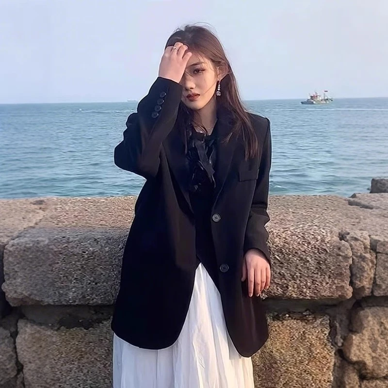 oversize黑色西装外套女2025春秋季新款韩版宽松小个子时尚小西服