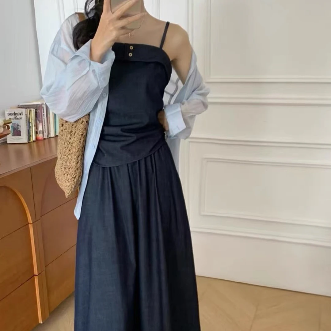 258859时尚气质休闲套装女早春长袖衬衫+吊带+半裙小众三件套潮