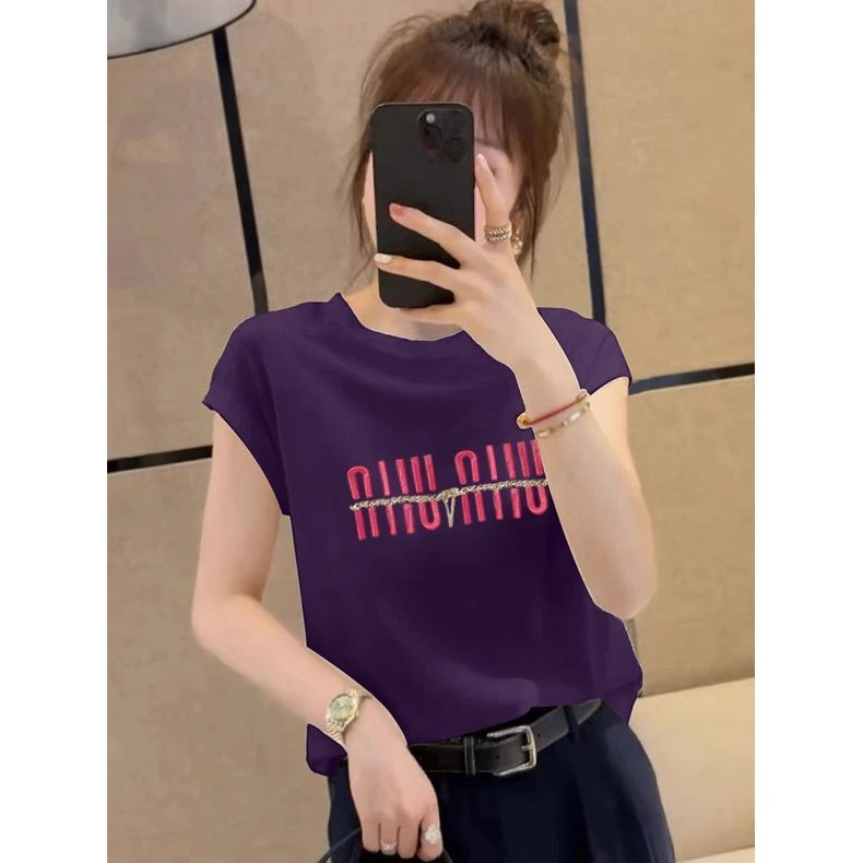 小飞袖正肩纯棉圆领短袖t恤女2025新款时尚百搭显瘦上衣春夏秋季