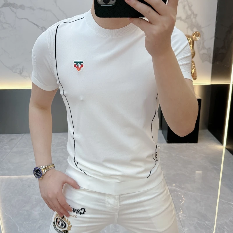 度尚-2025新款男士夏季高品质冰麻针织提花半袖时尚潮流圆领短袖