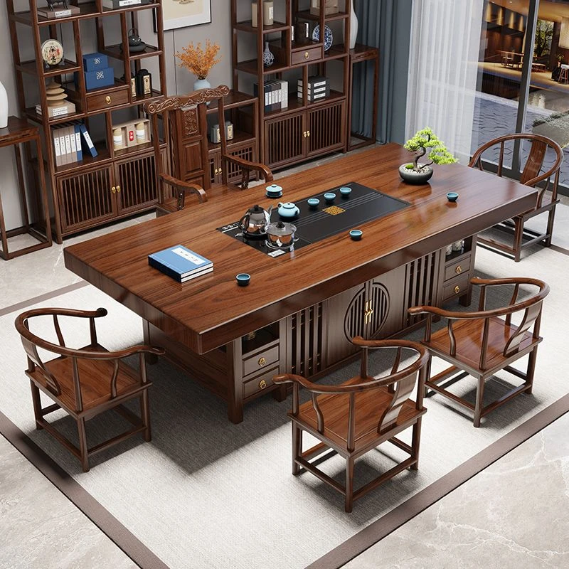 2025款实木原木大板茶桌椅组合禅意茶几一桌五椅家用新中式泡茶台