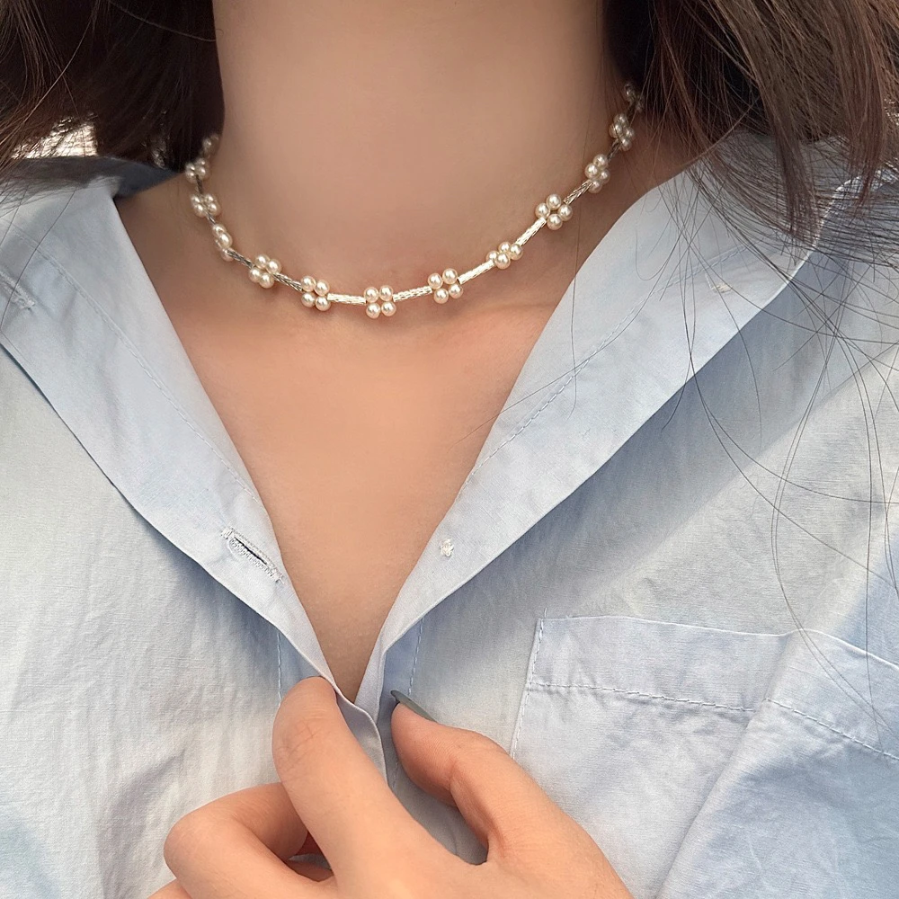 合金仿珍珠项链 小众设计简约时尚珍珠花朵项链女ins气质颈链