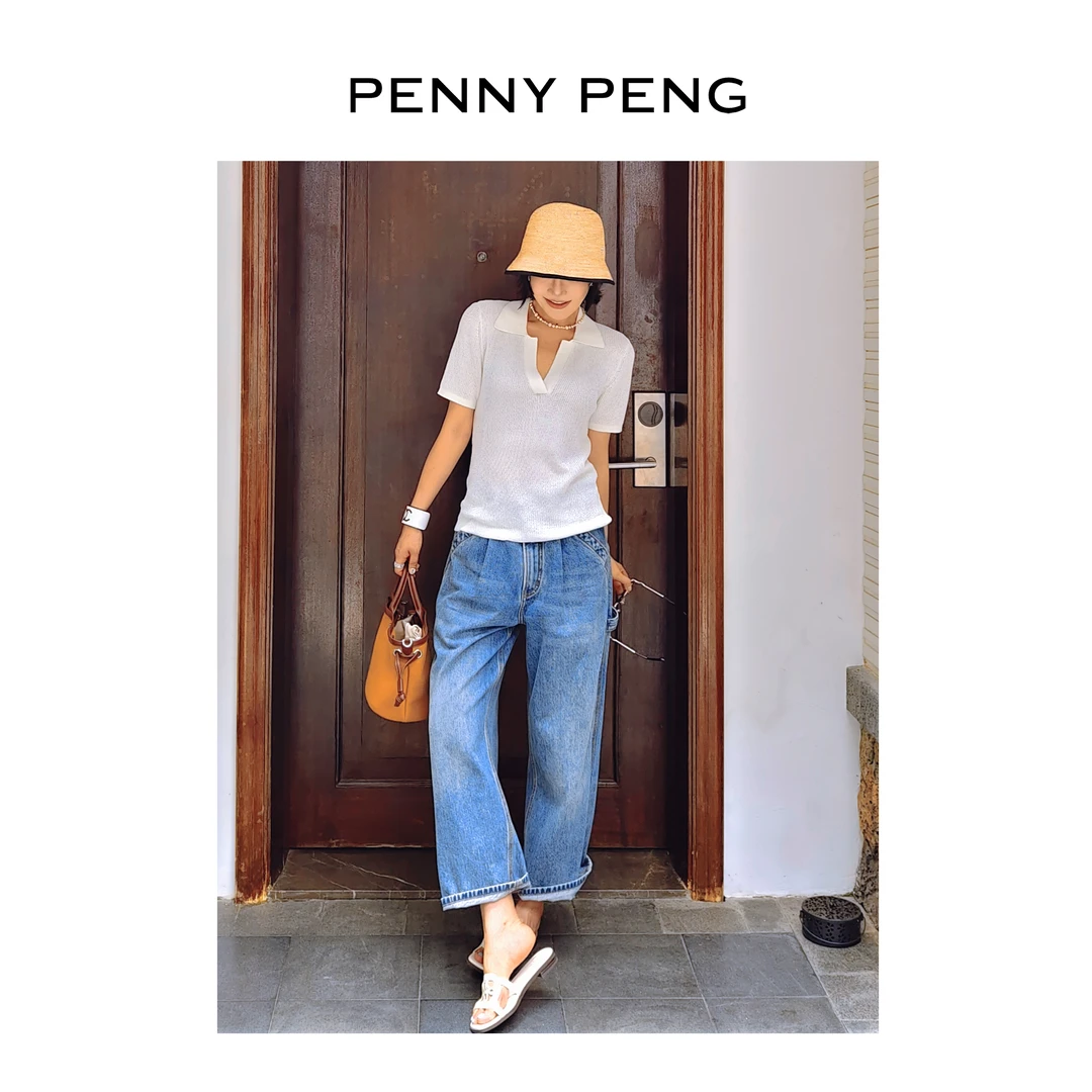 PENNYPENG白日恋歌夏季新款白色气质洋气百搭翻领针织短袖上衣