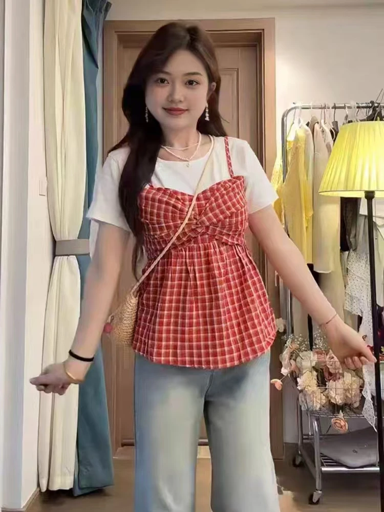 大码胖MM拼接甜美拼色圆领短袖上衣假两件设计感气质甜美减龄