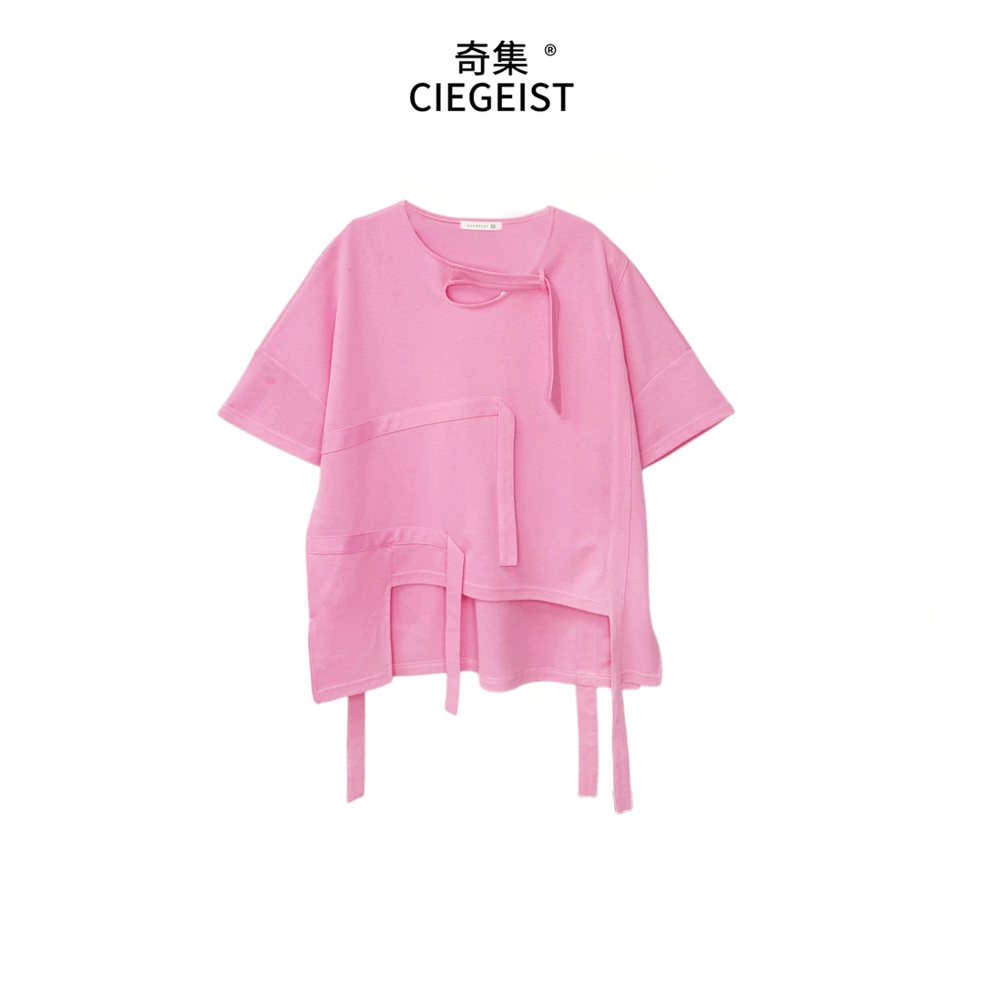 2025夏装设计师新款下摆不规则飘带款休闲百搭显瘦百搭T恤6073