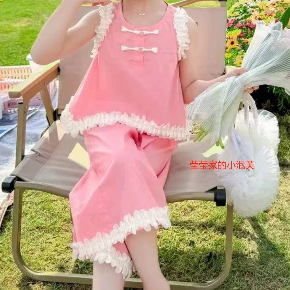 【甜美纯色花边套装】LS】甜美女童夏季花边薄款公主清新盘扣套装