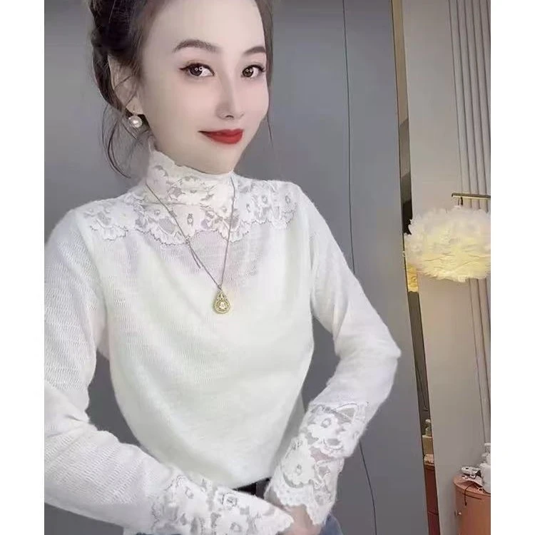 高档气质法式半高领薄绒蕾丝打底衫7012