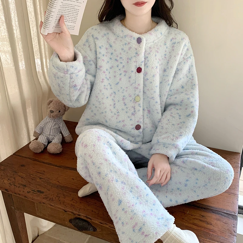 baby蓝睡衣女款秋冬季半边绒甜美少女加厚加绒珊瑚绒长袖家居服女