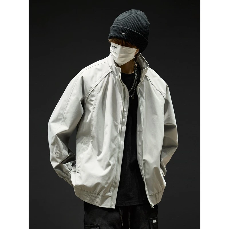 DeweLvum新品休闲宽松运动立领夹克男款潮牌纯色防风冲锋外套男装