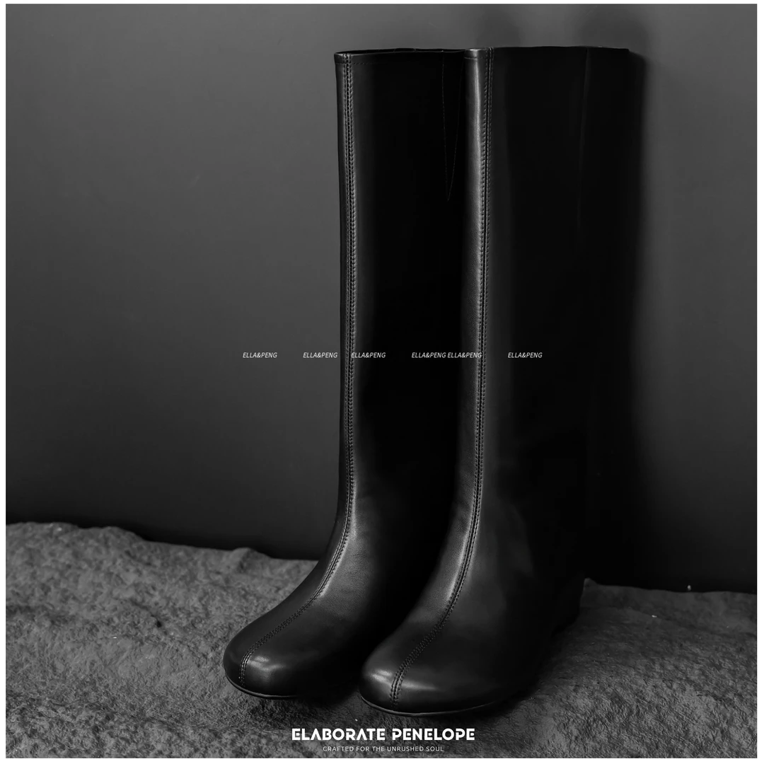 E/P‘STUDIO-5cm（筒高34cm）头层牛皮平跟分割线长筒简约款骑士靴