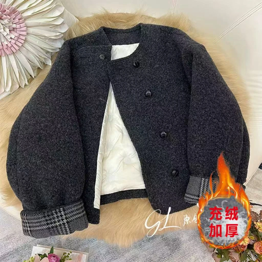 【现货+运费险】咖色充绒小香风外套时尚保暖高级感双排扣款P2538