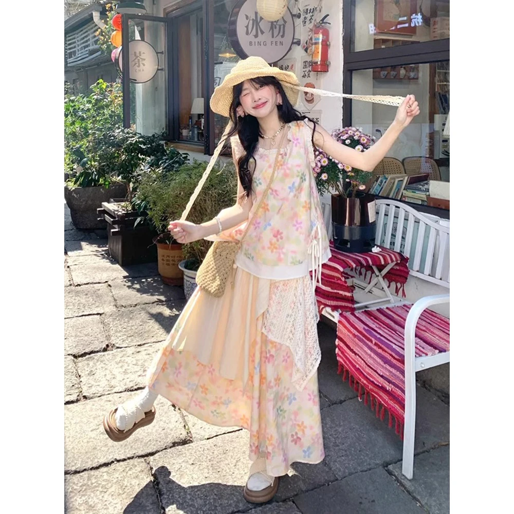 夏日新款甜美两件套女绝美学院风彩虹碎花印花背心半身裙穿搭套装