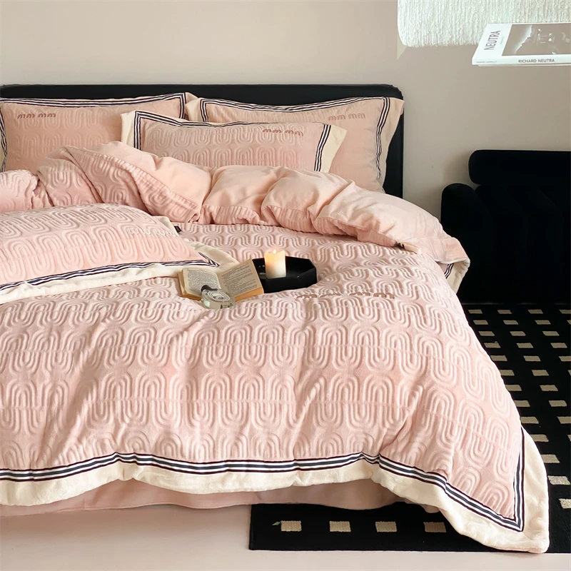 【莫兰迪】冬季加厚可可绒雕花四件套miu系列刺绣工艺保暖床上用品