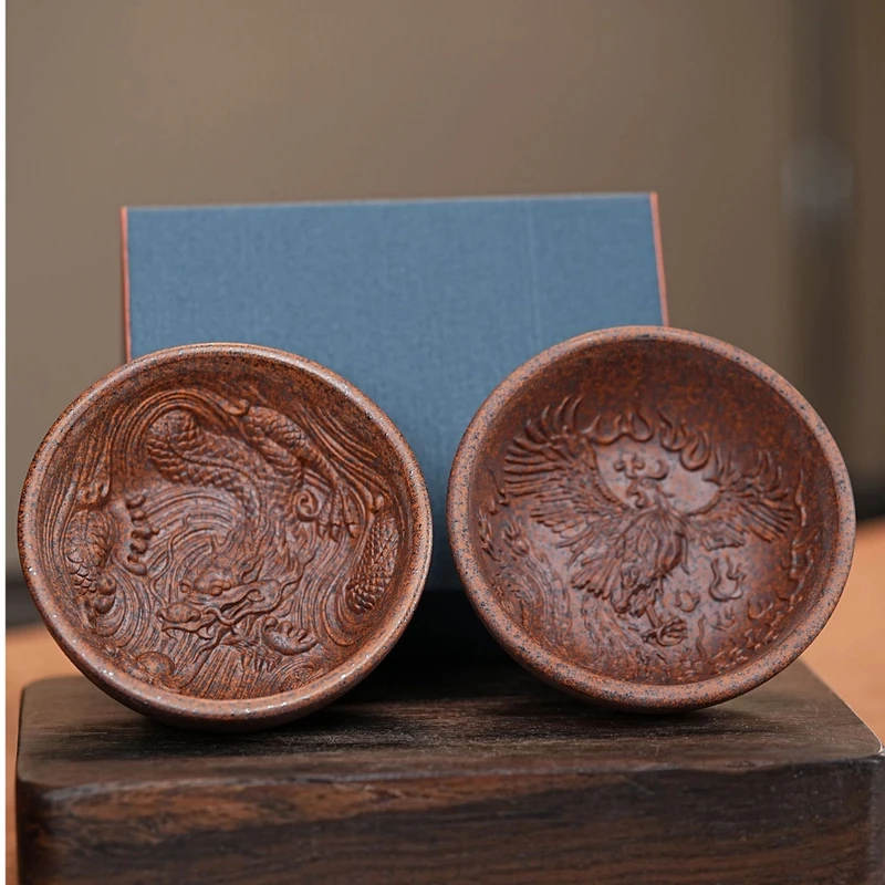 2588龙凤对杯宜兴原矿紫砂柴烧手工堆绘龙凤主人杯 龙凤对杯