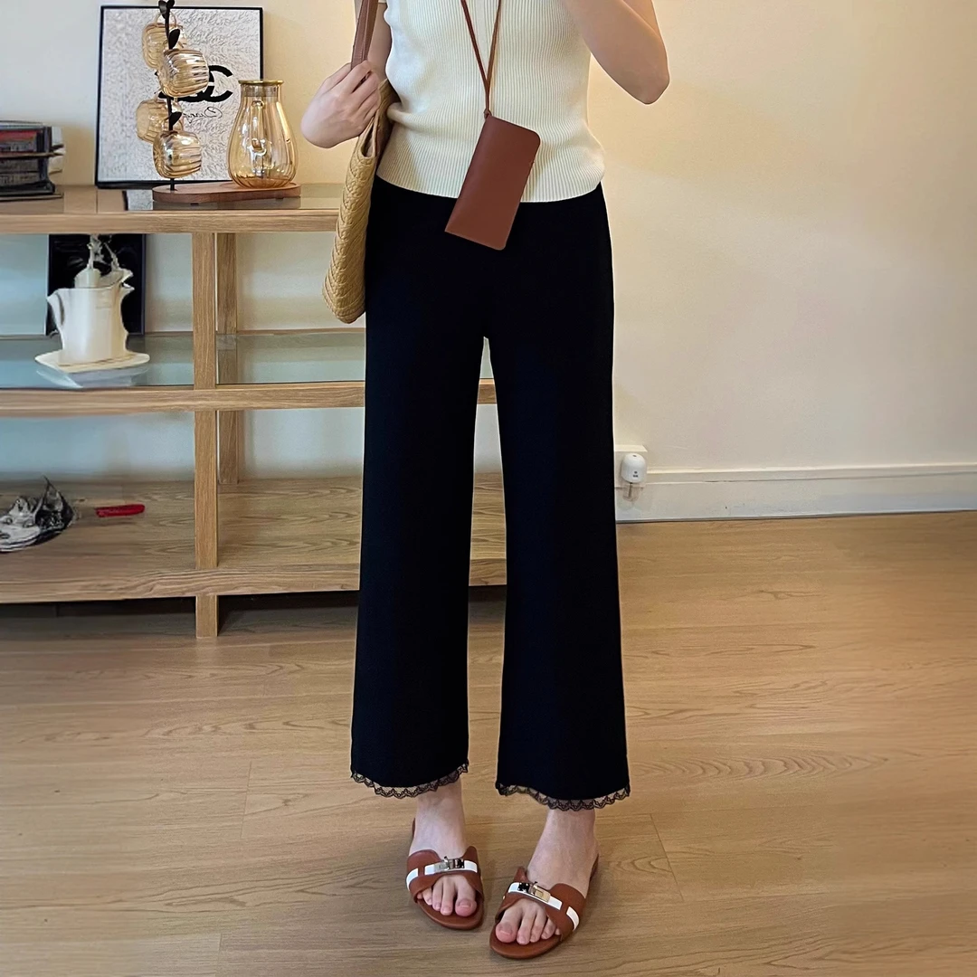 黑色显瘦透气冰感休闲裤女夏季薄款胖mm腿粗藏肉蕾丝边直筒微喇裤