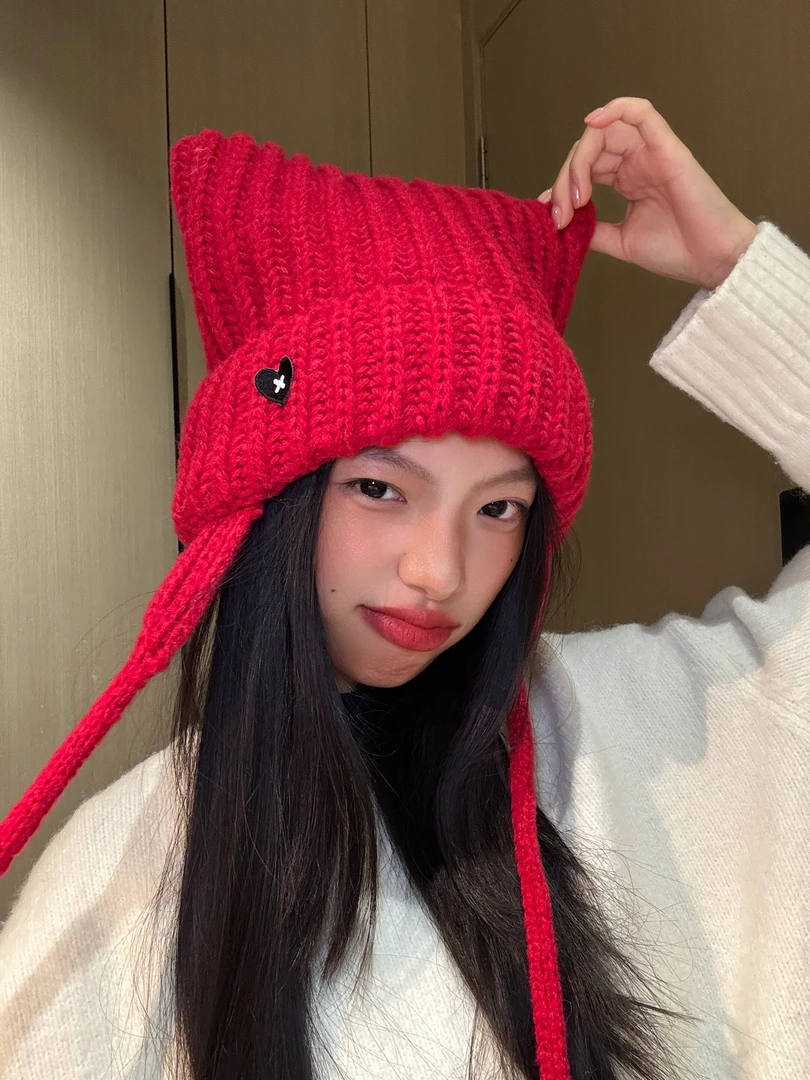 猫耳针织毛线帽子女秋冬韩版百搭大头围显脸小保暖加厚护耳包头帽