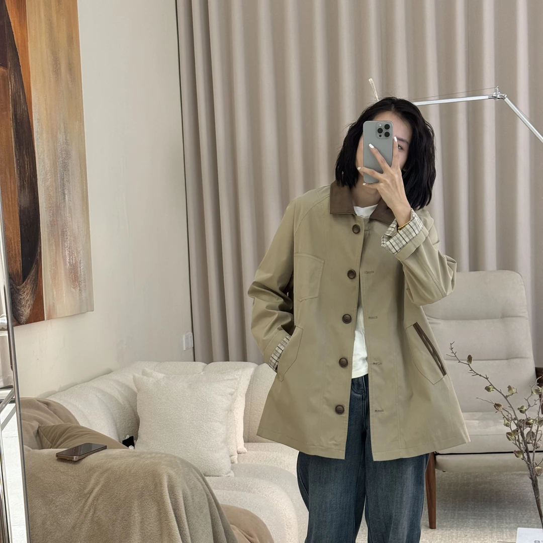 喜樂    2025撞色翻领风衣外套春季新款时尚百搭拼接口袋通勤女士