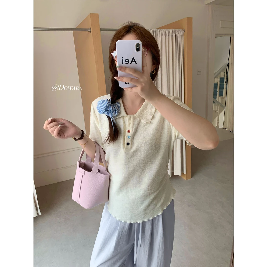 现货8126D大婉酱千千微胖定制 设计感短袖肌理感polo领显瘦上衣女