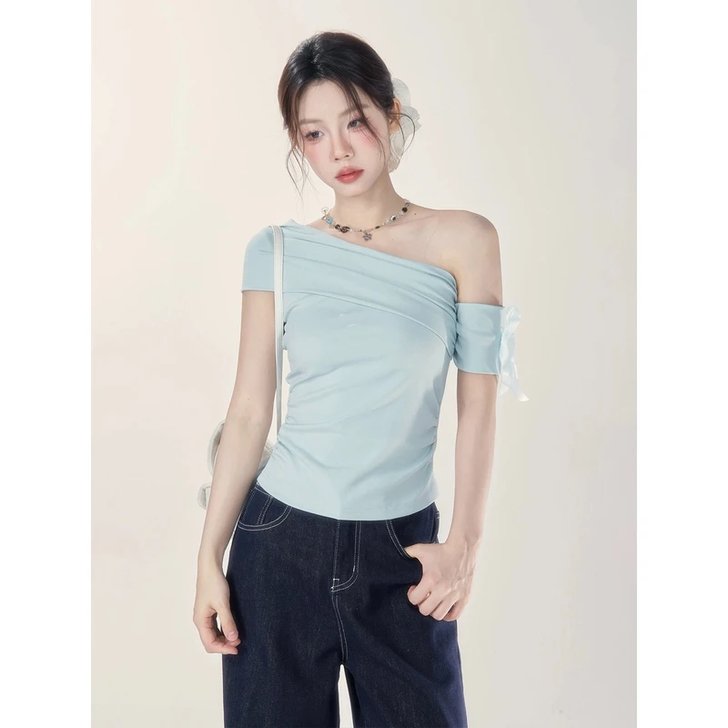【小野莓】春夏气质甜酷设计感斜肩绑带褶皱收腰显瘦露肩短袖T恤女