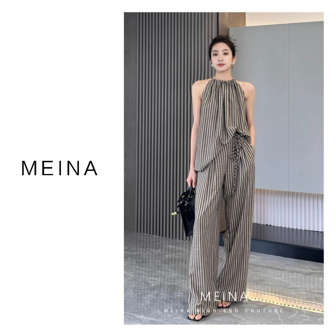 MEINA【风吹一夏】2023新款高级感时尚洋气条纹挂脖复古休闲上衣