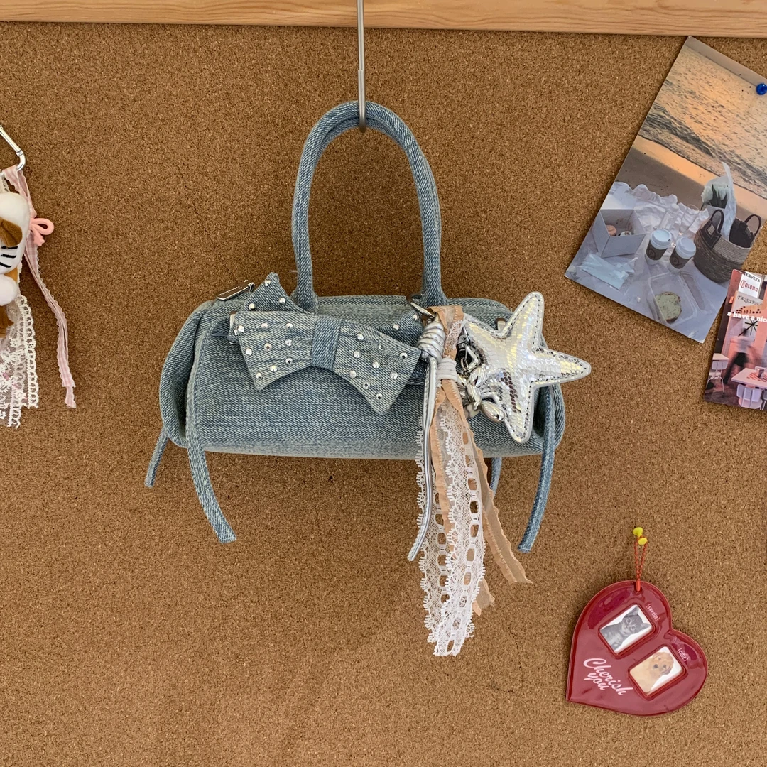 2025夏季新款高级感小众设计腊肠包牛仔蝴蝶结手拎单肩斜挎包