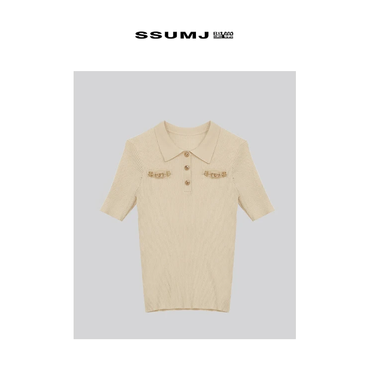 Y24428春夏小香风气质修身翻领针织衫舒适显瘦坑条螺纹女上衣