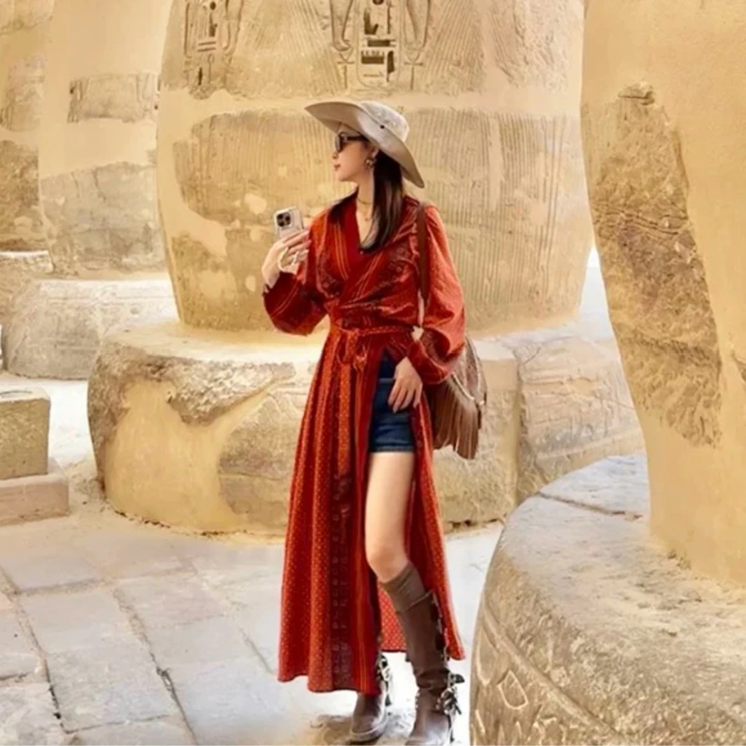 复古女郎~民族风显瘦红色长款连衣裙可当开衫适合旅行拍照