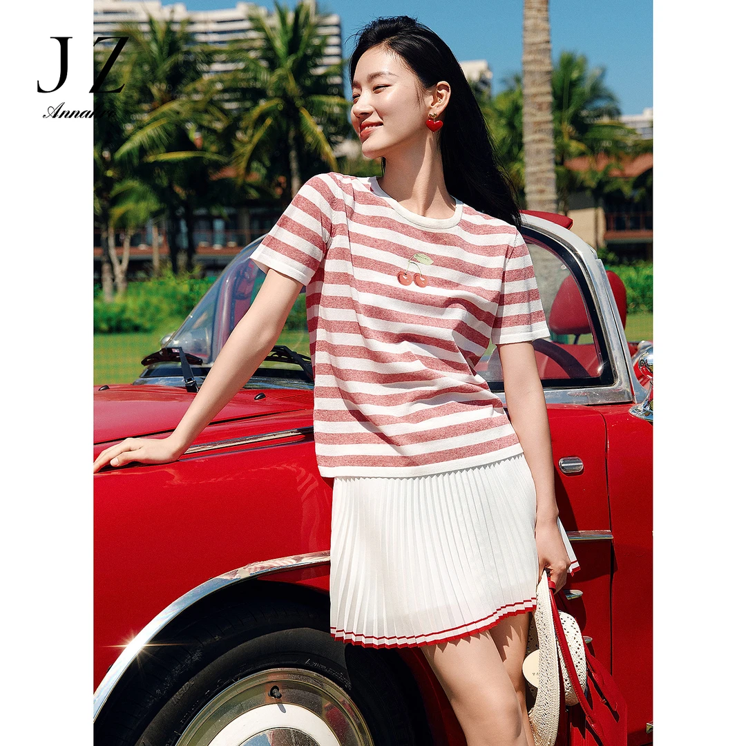 【蜜意生活】玖姿安娜蔻航海风雪花麻条纹短袖针织女2025夏季新款