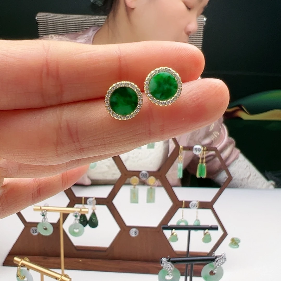 翡翠耳饰银S925镶嵌天然翡翠