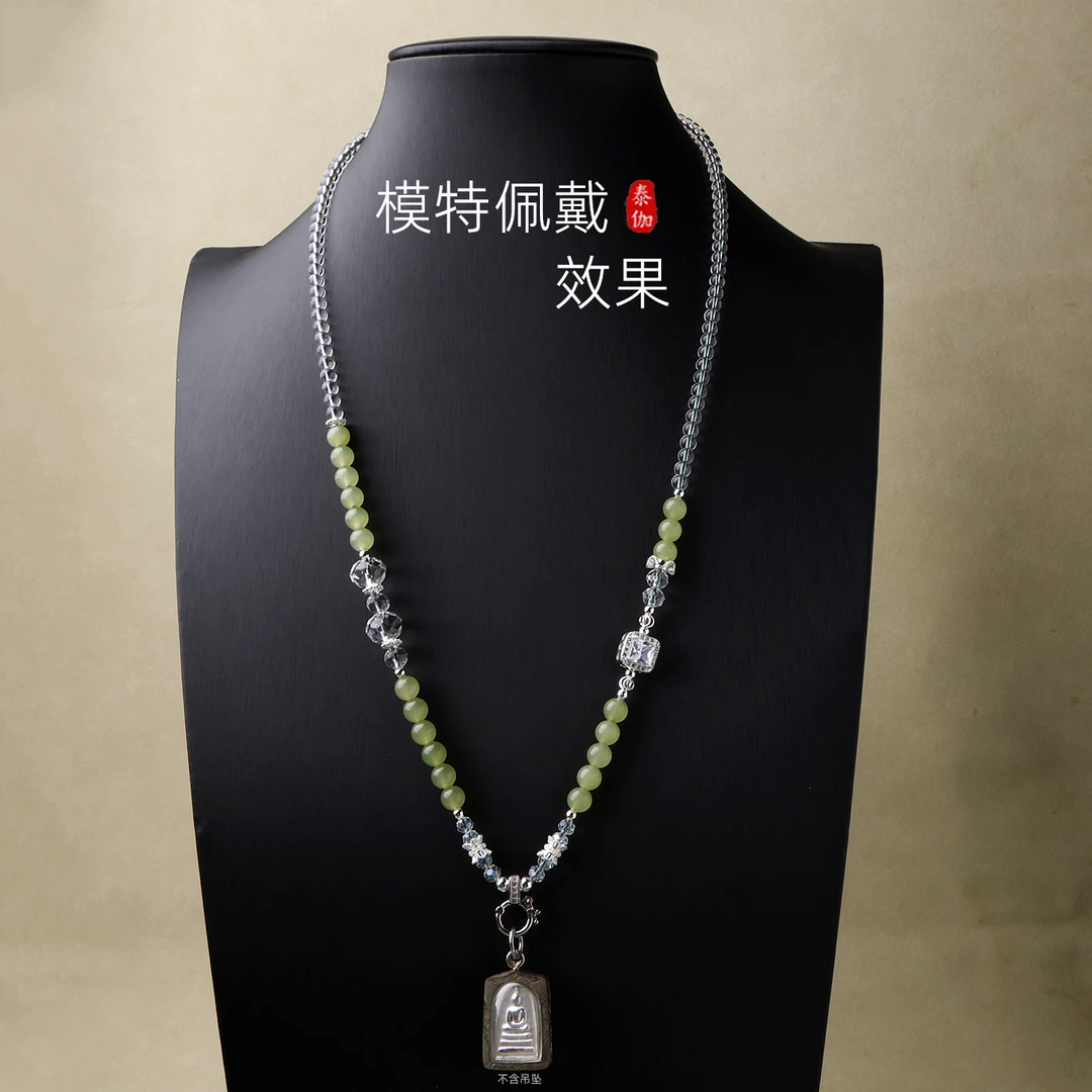合金仿水晶项链 泰伽仙女风绿圆珠佛牌链民族风镀银配饰时尚百搭